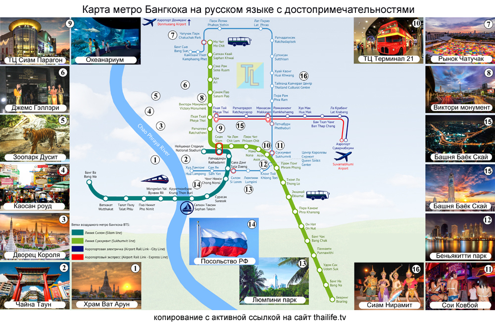 Карта метро Бангкока БТС на русском языке с достопримечательностями