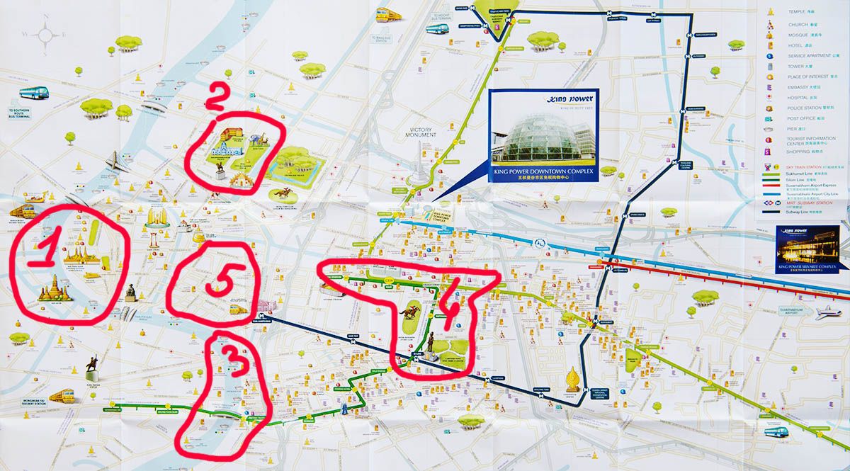 Карта Бангкока с достопримечательностями и схемой метро и BTS 