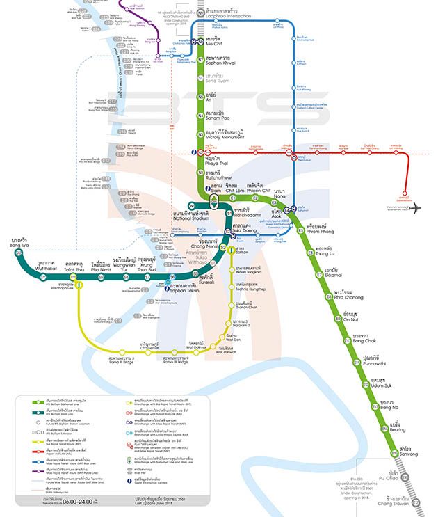Схема метро Бангкока, включая BTS, поезд в аэропорт и речной трамвайчик 