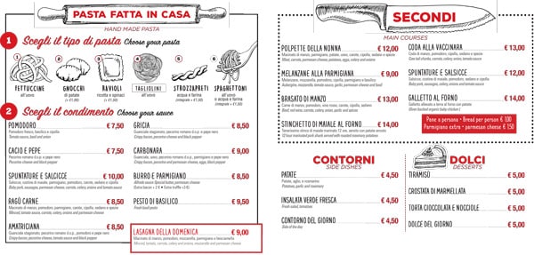Меню и цены в ресторане Pasta e Vino Osteria в Риме