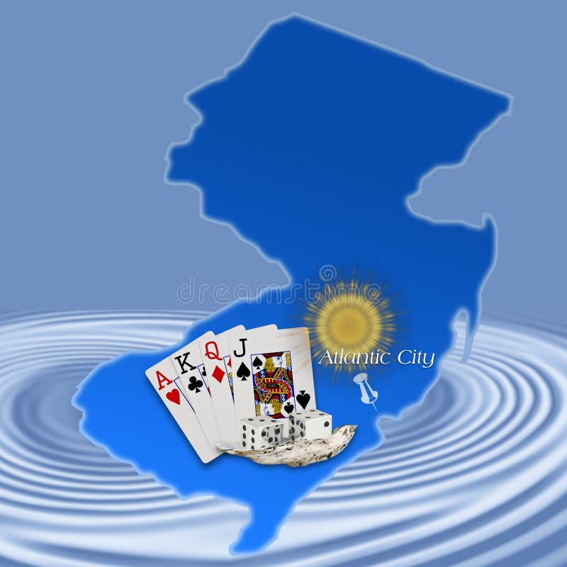 Atlantic City,New Jersey(Map). Atlantic City Map with cards,dice,seashell and sun depicting Atlantic City on blue background with ripples stock illustration