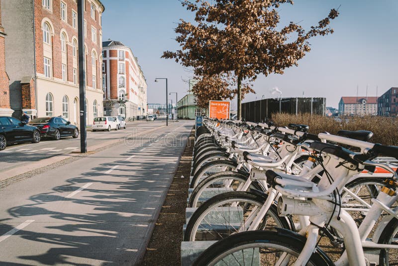E-Bicycle Rental Station To copenhagen, denmark february 18, 2019. Bycyklen. Electric rental bikes in Copenhagen. Rental bicycle royalty free stock photos