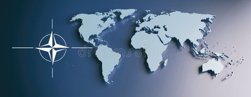 NATO North Atlantic Alliance sign symbol on earth globe map background, banner. 3d illustration. North Atlantic treaty organization, NATO sign symbol on earth vector illustration