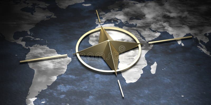 NATO North Atlantic Alliance sign symbol on earth globe map background. 3d illustration. North Atlantic treaty organization, NATO gold metal sign symbol on earth stock illustration