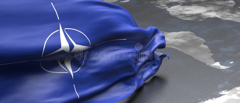 NATO North Atlantic Alliance flag on earth globe map background, banner. 3d illustration. North Atlantic treaty organization flag, NATO sign symbol on earth stock illustration