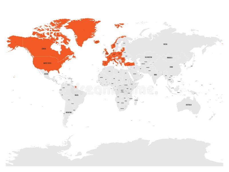 North Atlantic Treaty Organization, NATO, member countries highlighted by orange in world political map. 29 member. States since June 2017 vector illustration