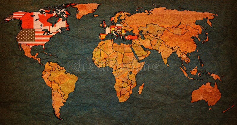 North Atlantic Treaty Organization onl world map. North Atlantic Treaty Organization on old vintage world map with national borders vector illustration