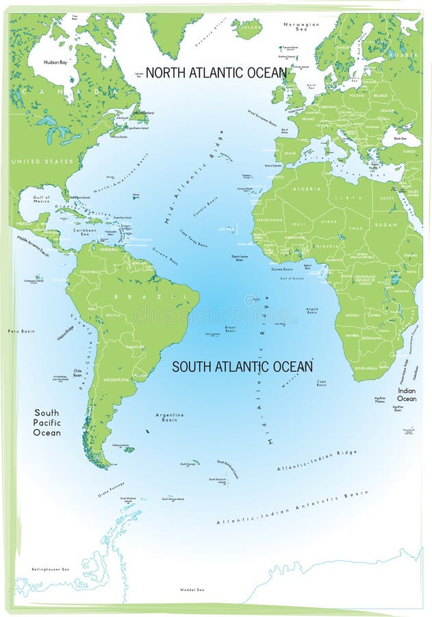 Ocean Atlantic map. Ocean Atlantic map green and blue vector illustration