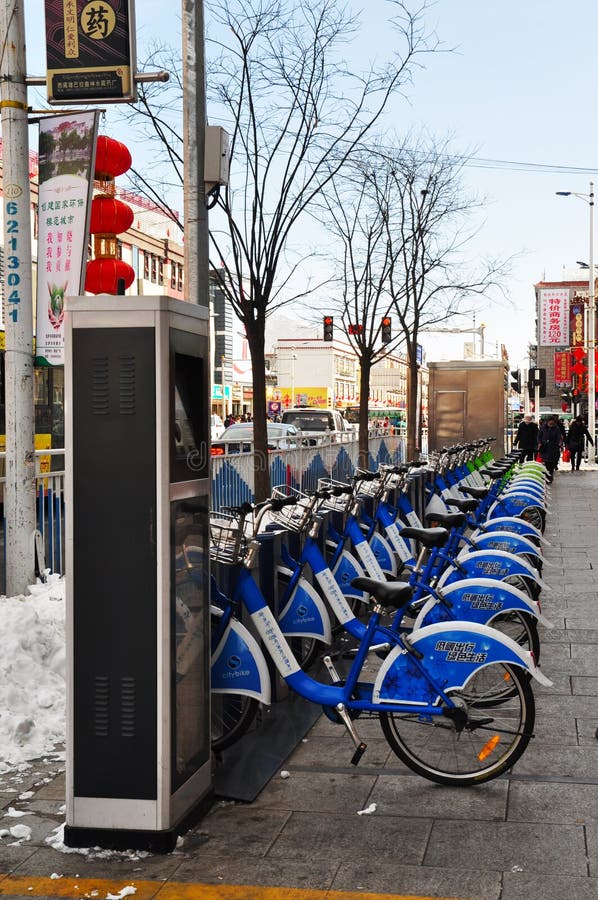 Public Bicycle Rental Station In Lhasa Tibet royalty free stock photos