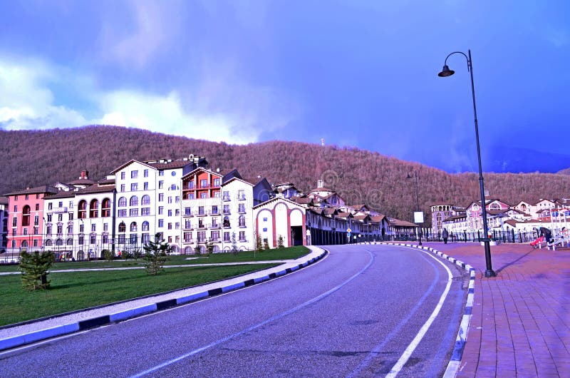 The resort town on Krasnaya Polyana in Sochi. Russia. Houses, streets, squares. stock photo