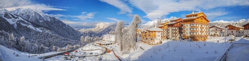 SOCHI, RUSSIA - JANUARY 10, 2015: Panorama of the ski resort Rose Plateau royalty free stock photography