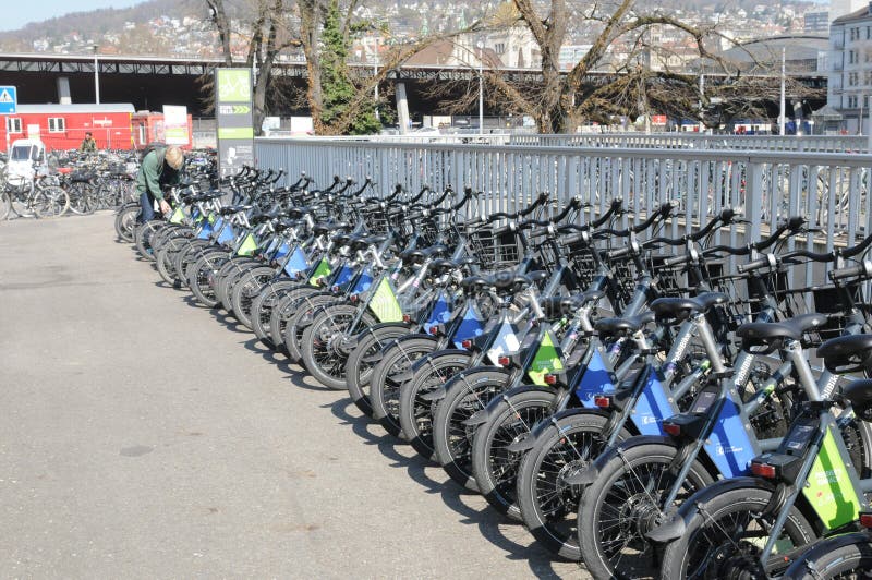 Zürich: the bicycle rental station at central station is full. Hardly anyone take a bike stock image